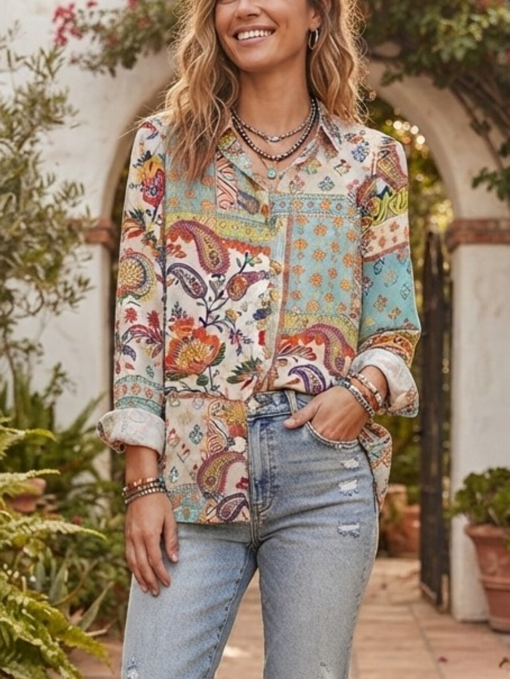 Rose & Olive Patchwork Floral Paisley Button-Down Shirt Aqua Multicolor Small